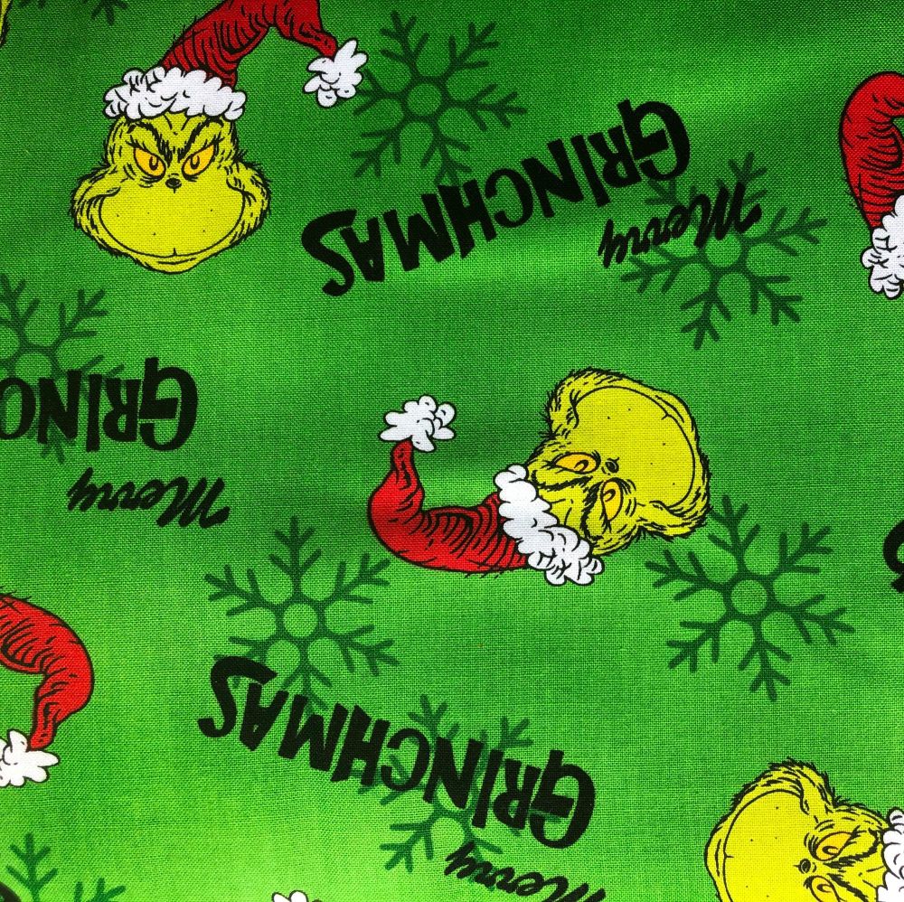 Dr Seuss Fabric - How The Grinch Stole Xmas - Merry Grinchmas - Green - 100% Cotton - 1/4m+