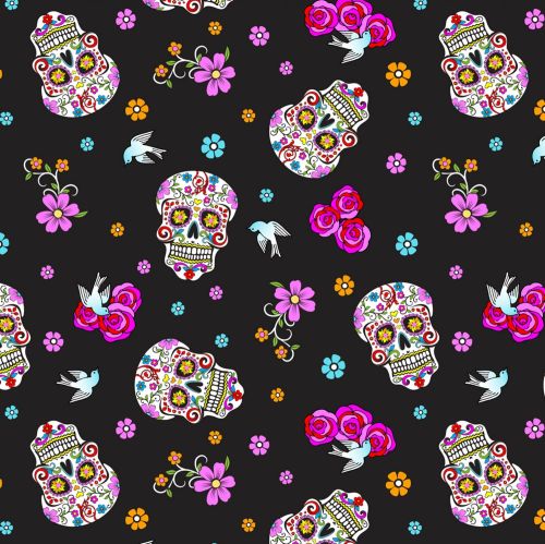 David Textiles Fabric - Folkloric Skulls - Day of the Dead - Black Glitter 