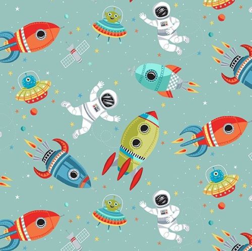 Makower Fabric - Outer Space - Space Scene - Turquoise - 100% Cotton - 1/4m