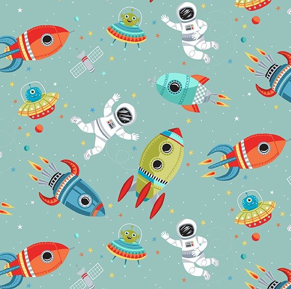 Makower Fabric - Outer Space - Space Scene - Turquoise - 100% Cotton - 1/4m+