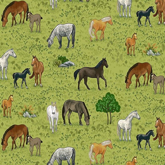Makower Fabric - Village Life - Horses - Green - 100% Cotton - 1/4m+
