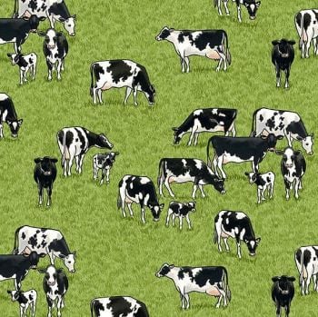 Makower Fabric - Village Life - Cows - Green - 100% Cotton - 1/4m+