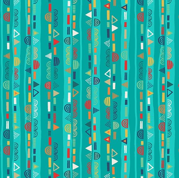 Makower Fabric - Folk Friends - Stripe - Turquoise - 100% Cotton - 1/4m+