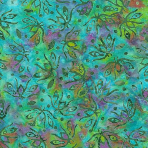 Island Batik Fabric - Blue Green Flowers - 100% Cotton - 1/4m+