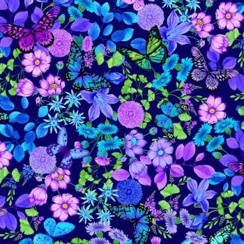 Timeless Treasures Fabric - Forest Magic - Floral Butterflies - Blue - Digital - 100% Cotton - 1/4m+