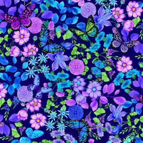 Timeless Treasures Fabric - Forest Magic - Floral Butterflies - Blue - Digi