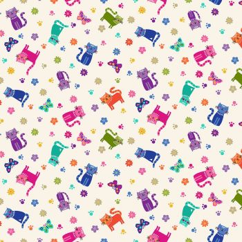 Makower Fabric - Katie's Cats - Scattered - Cream - 100% Cotton - 1/4m+