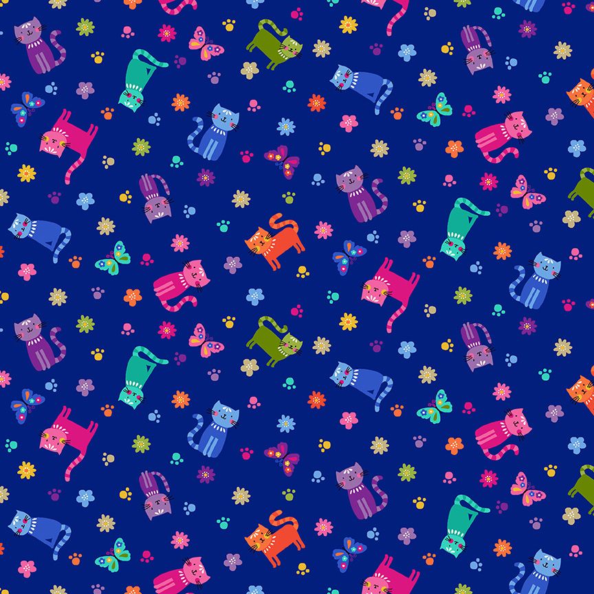 Makower Fabric - Katie's Cats - Scattered - Blue - 100% Cotton - 1/4m+