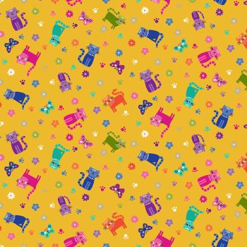 Makower Fabric - Katie's Cats - Scattered - Yellow - 100% Cotton - 1/4m+