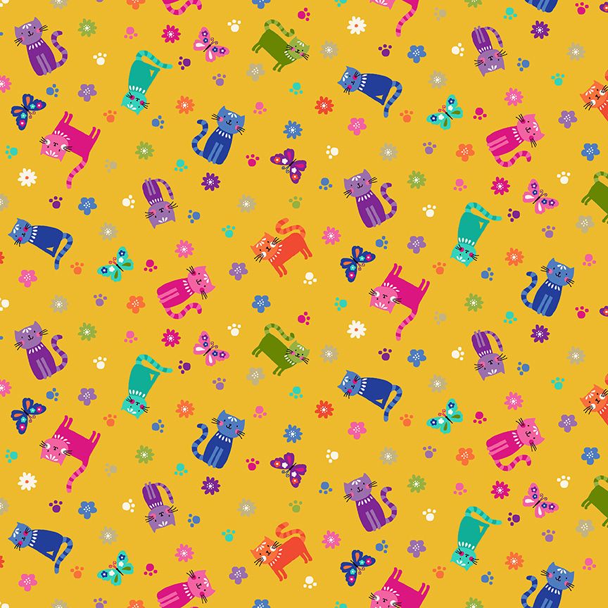 Makower Fabric - Katie's Cats - Scattered - Yellow - 100% Cotton - 1/4m+