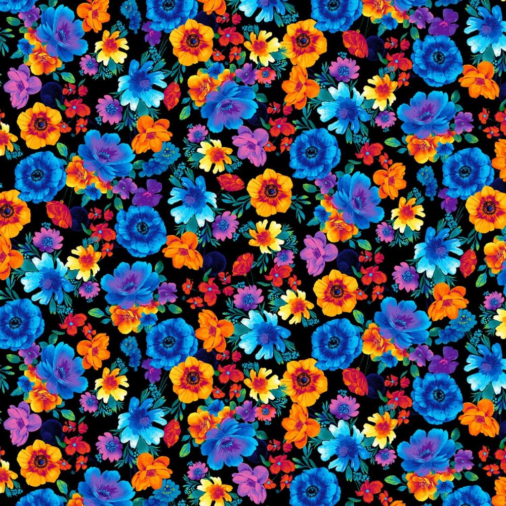 Timeless Treasures Fabric - Glow - Black Floral - 100% Cotton - 1/4m+