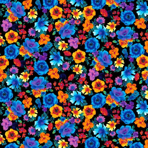 Timeless Treasures Fabric - Glow - Black Floral - 100% Cotton - 1/4m+