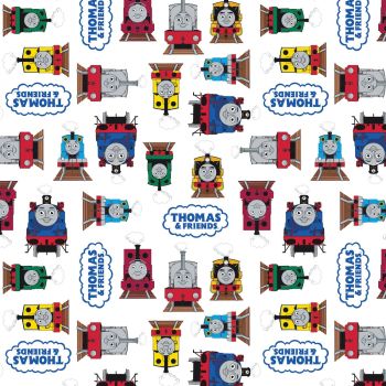 Thomas and Friends Fabric - All Aboard Logo - White - 100% Cotton - 1/4m+