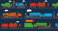 Thomas and Friends Fabric - All Aboard Train Line Panel Navy - 100% Cotton