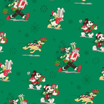Disney Fabric - Mickey Mouse Christmas - Friends Christmas Day - Green - 100% Cotton - 1/4m+