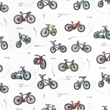 Nutex Fabric - On Two Wheels - Bike Scatter - White - 100% Cotton - 1/4m+