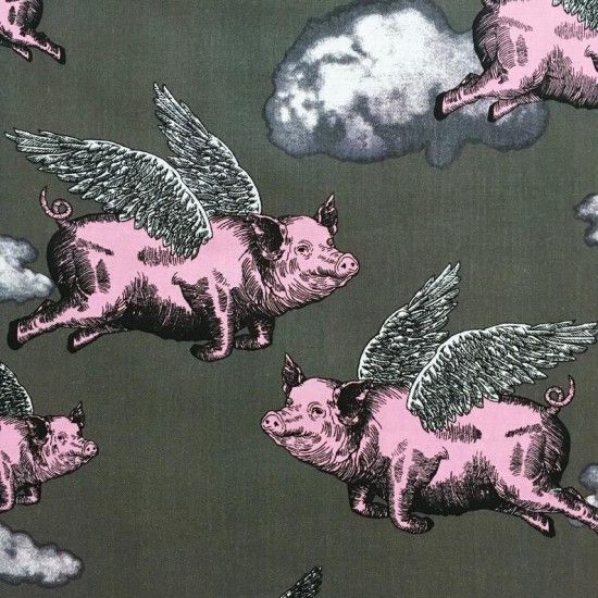 Nutex Fabric - When Pigs Fly - Grey - 100% Cotton - 1/4m+