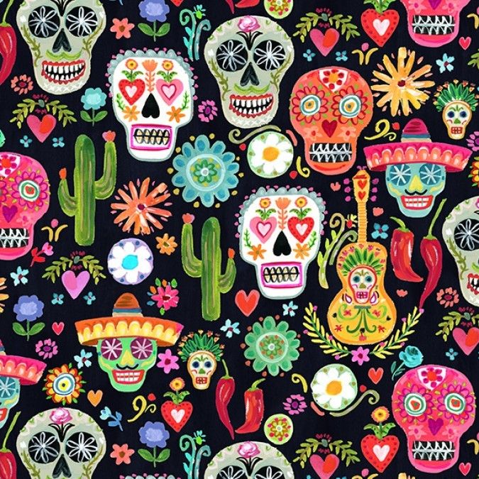 Dear Stella Fabric - Viva Mexico - Day of the Dead Skulls - 100% Cotton - 1/4m+