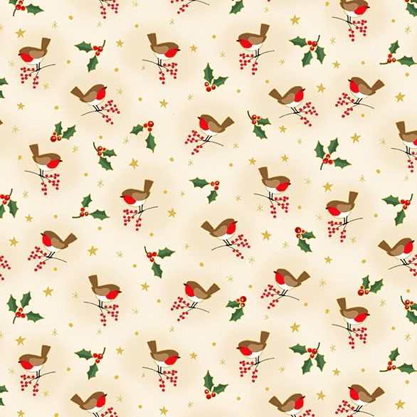 Makower Fabric - Classic Foliage - Robins - Cream - 100% Cotton - 1/4m+
