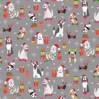 Makower Fabric - Yappy Christmas - Dog Scatter - Grey - 100% Cotton - 1/4m+