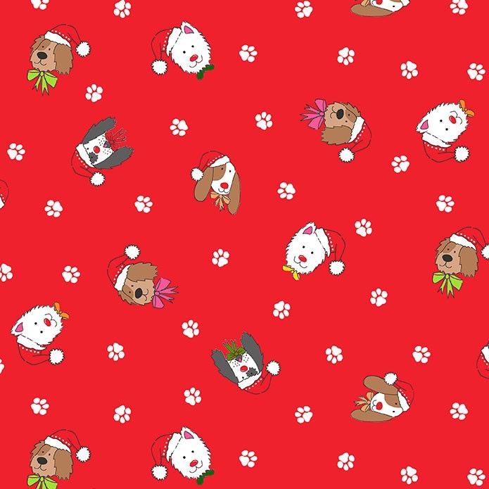 Makower Fabric - Yappy Christmas - Dog Heads - Red - 100% Cotton - 1/4m+