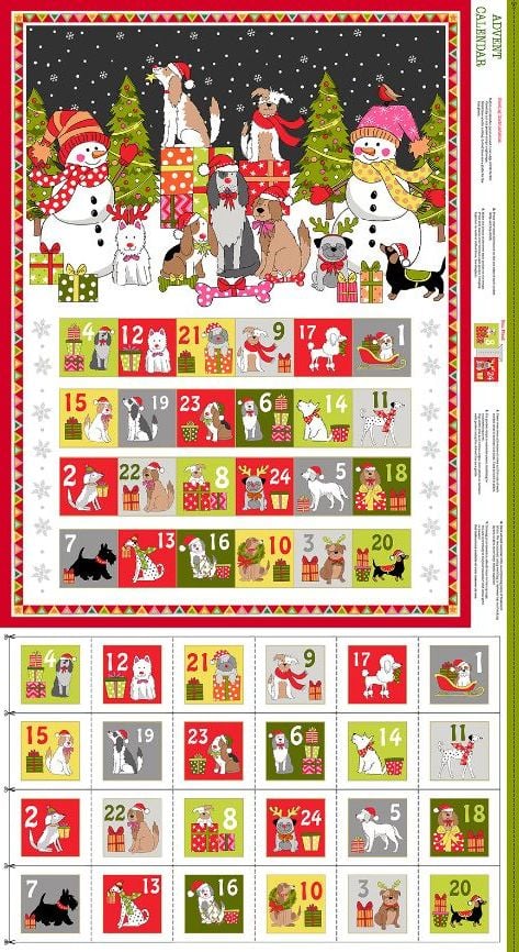Makower Fabric - Yappy Christmas - Advent Calendar Panel - 100% Cotton