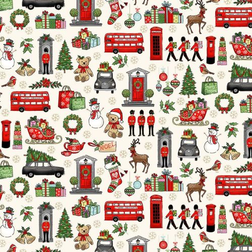 Makower Fabric - London Christmas - London Icons - Cream - 100% Cotton - 1/