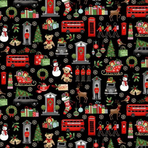 Makower Fabric - London Christmas - London Icons - Black - 100% Cotton - 1/