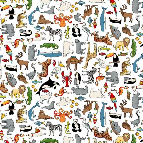 Makower Fabric - Around the World - Animals - White - 100% Cotton - 1/4m+