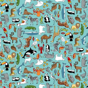 Makower Fabric - Around the World - Animals - Blue - 100% Cotton - 1/4m+