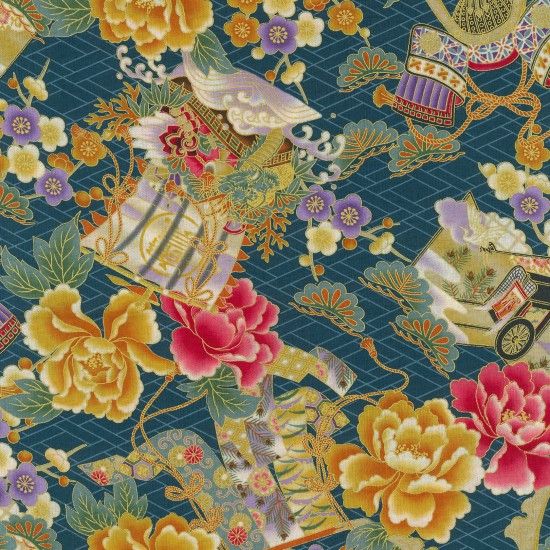 Japanese Fabric - Kenzan - Floral - Teal - 100% Cotton - 1/4m+