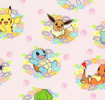 Pokemon Fabric - Pikachu and Friends - Pink Flower Rings - 100% Cotton - 1/4m+