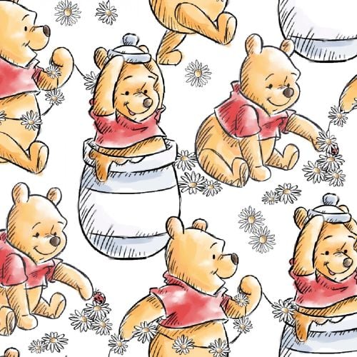 Disney Fabric - Winnie the Pooh - Classic Pooh Playing - White - 100% Cotto