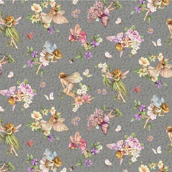 Michael Miller Fabric - Dancing Flower Fairies - Grey - 100% Cotton - 1/4M+