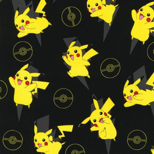 Pokemon Fabric - Pikachu and Poke Balls - Black - 100% Cotton - 1/4m+