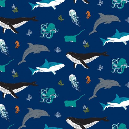 Nutex Fabric - Ocean Life - Whales - Navy - 100% Cotton - 1/4m+