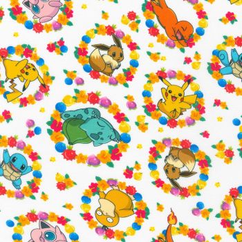 Pokemon Fabric - Pikachu and Friends - White Flower Rings - 100% Cotton - 1/4m+