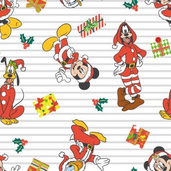 Disney Fabric - Mickey Mouse Christmas Stripe - White - 100% Cotton - 1/4m+