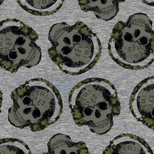Timeless Treasures Fabric - Camo Skulls with Headphones - Grey - Digital Pr