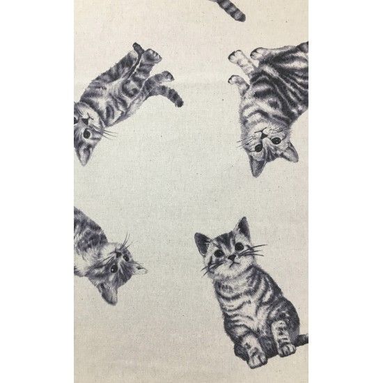 Japanese Fabric - Dobutsu Cats - Natural - 80% Cotton, 20% Linen