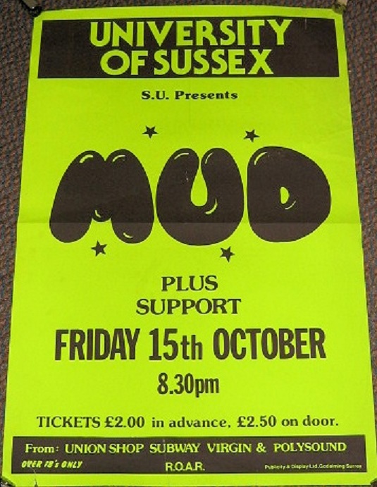 MUD GLAM SUPERB RARE CONCERT POSTER FRIDAY 15th OCTOBER 1982 SUSSEX UNIVERS