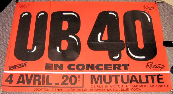 UB40 RARE CONCERT POSTER WEDNESDAY 4th APRIL 1984 MUTUALITE THEATRE PARIS F