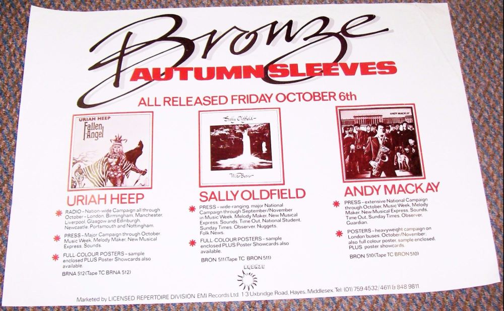 URIAH HEEP SALLY OLDFIELD ANDY MACKAY UK (BRONZE) PROMO POSTER 1978 LP's RE