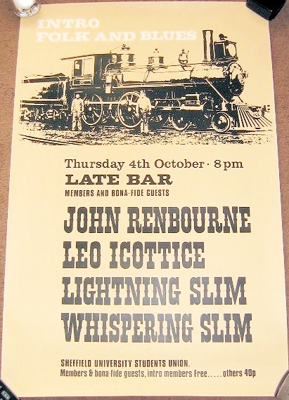 JOHN RENBOURNE LIGHTNING SLIM FOLK & BLUES U.K. CONCERT POSTER THUR 4th OCT