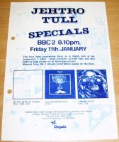 JETHRO TULL U.K. RECORD COMPANY PROMO RETAIL INFO SHEET FOR A BBC T.V. SHOW 1979 WITH JETHRO TULL MUSIC FEATURED 1979