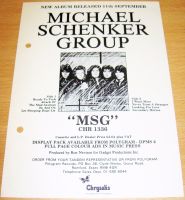 MICHAEL SCHENKER GROUP U.K. RECORD COMPANY PROMO RETAIL INFO SHEET FOR THE 'MSG' ALBUM 1981