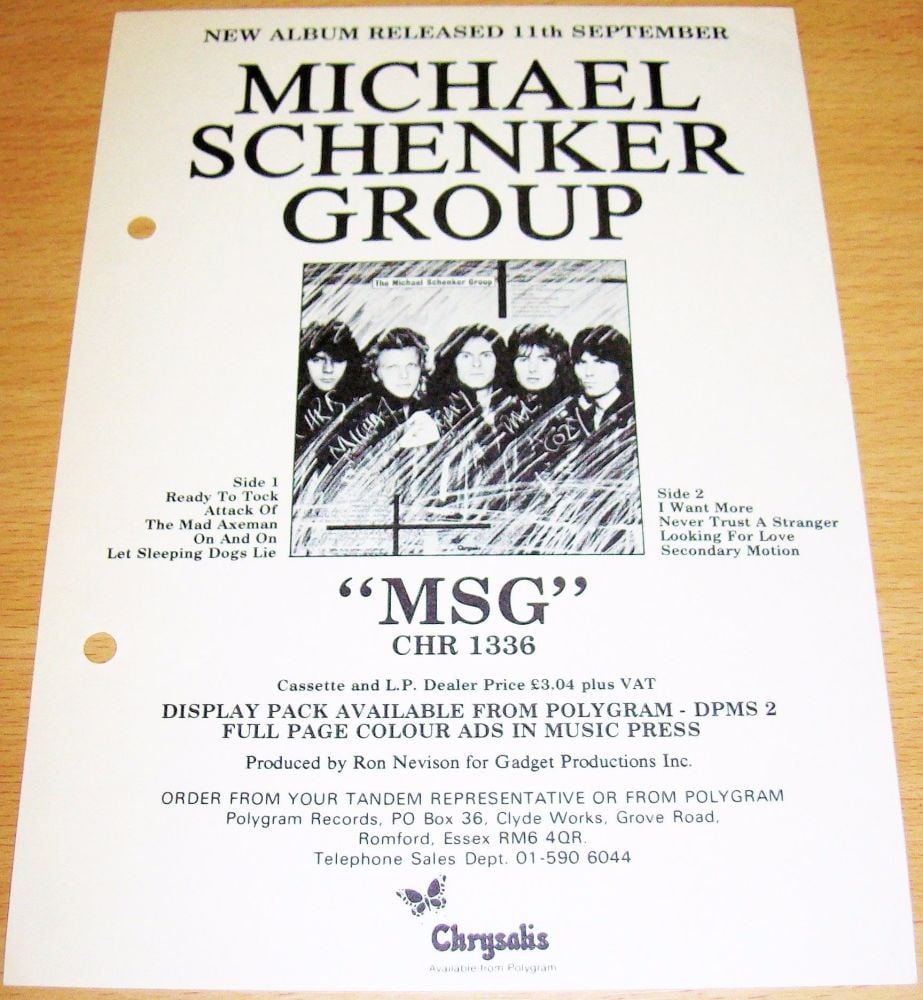 MICHAEL SCHENKER GROUP U.K. RECORD COMPANY PROMO RETAIL INFO SHEET FOR THE 