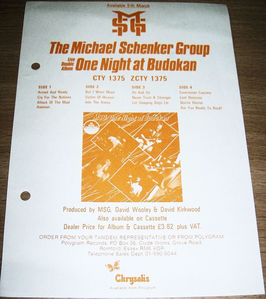 MICHAEL SCHENKER GROUP U.K. RECORD COMPANY PROMO RETAIL INFO SHEET FOR THE 