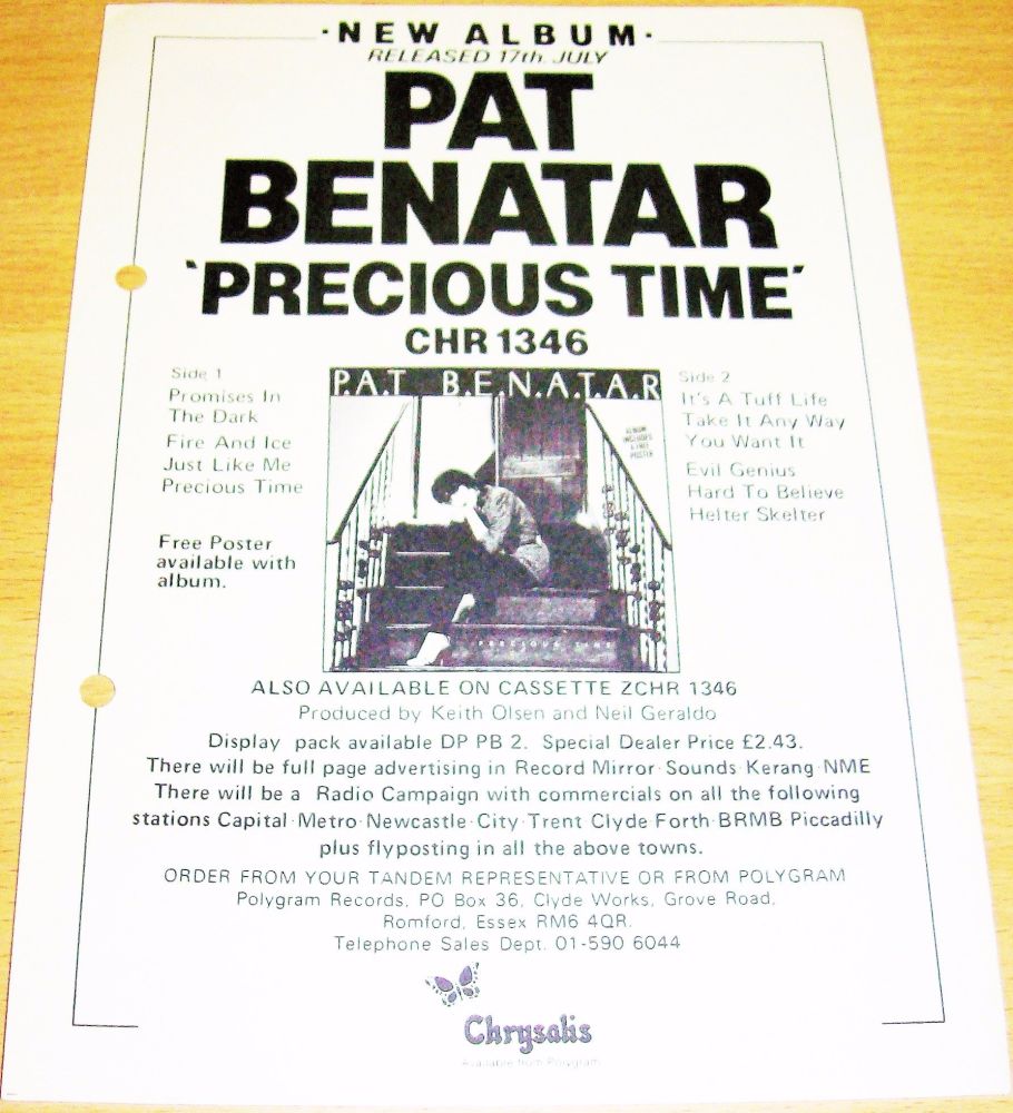 PAT BENATAR U.K. RECORD COMPANY PROMO RETAIL INFO SHEET FOR THE 'PRECIOUS T