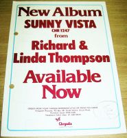 RICHARD & LINDA THOMPSON UK PROMO RETAIL INFO SHEET "SUNNY VISTA" ALBUM IN 1979